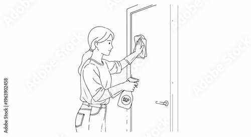 A person wipes a door with a spray bottle and cloth