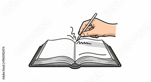 A hand writing on an open book with scribbles and lines