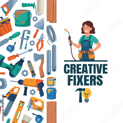 This illustration features various tools, such as hammers, drills, and saws, representing creativity and DIY home improvement projects for enthusiastic fixers.