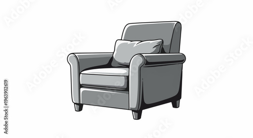 A gray armchair with a single pillow sits on a white background