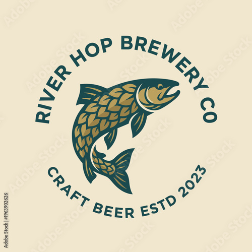 This logo design for River Hop Brewery Co. features a fish motif, symbolizing freshness and quality in craft beer production, appealing to beer enthusiasts and connoisseurs.