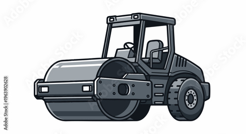 A gray, cartoon-style road roller sits on a white background