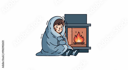 A person wrapped in a blanket shivers near a warm fireplace