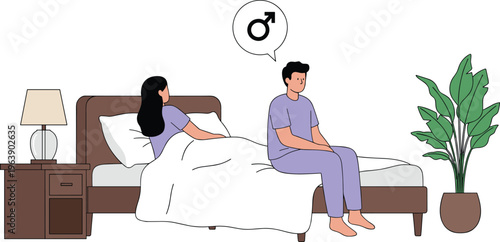 Illustrated bedroom scene with two people sitting and lying on bed showing male gender symbol conversation and relationship context