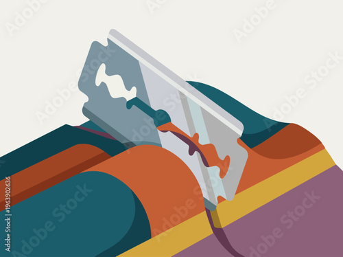 An abstract illustration featuring a colorful razor blade, blending vivid colors and shapes to create a playful yet striking visual representation of sharpness.