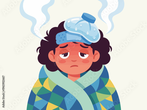 A young child wrapped in a colorful blanket shows signs of illness, using a hot-water bottle on their forehead, conveying vulnerability, the need for care, and comfort.