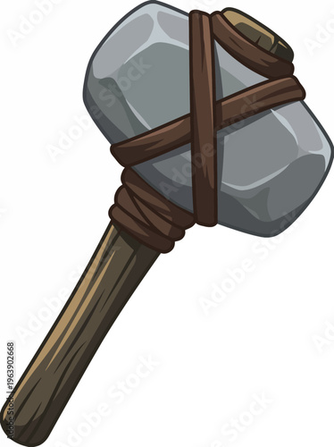 A rustic stone hammer is tied with leather straps to a wooden handle, representing tools of ancient craftsmanship and the simplicity of primitive technology.