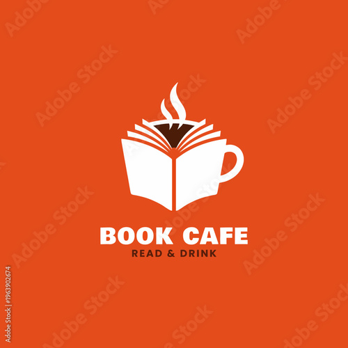 An inviting logo design for a book café, depicting an open book with a coffee cup steaming on top, symbolizing comfort, knowledge, and relaxation.