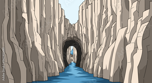 A narrow river flows through a rocky canyon with an arched cave