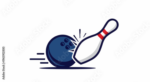 A blue bowling ball striking a white pin with red stripes, in motion