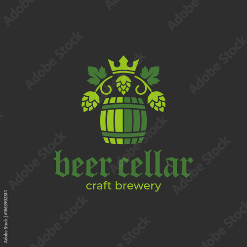 This striking logo design features a beer barrel surrounded by hops and leaves, emblematic of a craft brewery's dedication to quality brewing and a rich, flavorful beer culture.