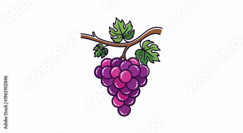 A cluster of purple grapes hangs from a brown vine with green leaves