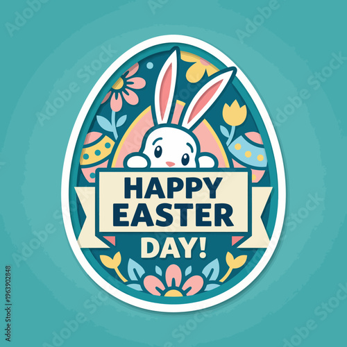 This vibrant illustration showcases a cute bunny with colorful flowers and decorated eggs, perfect for celebrating Easter Day and uplifting spirits during springtime festivities.