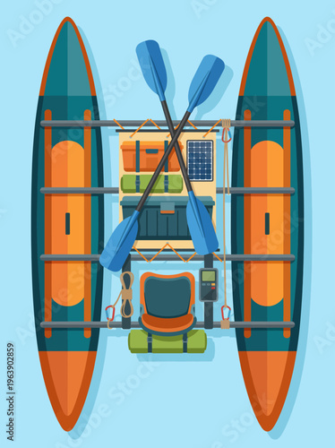 This image features kayaking gear arranged neatly, showcasing paddles, life jackets, and other essential equipment against a blue backdrop for an adventurous vibe.