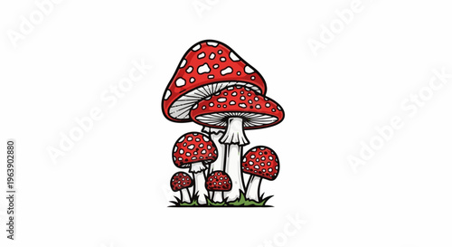 A cluster of red and white spotted toadstools sprouts from a green ground