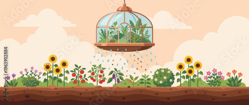 This image depicts a unique floating greenhouse watering a vibrant garden of flowers and vegetables, exuding a sense of tranquility and innovation in gardening.