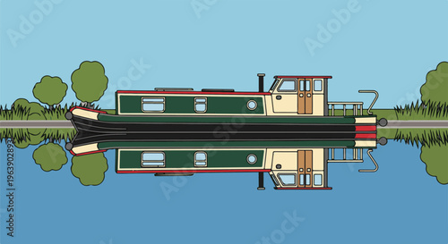 A narrowboat with its reflection on the still water of a canal