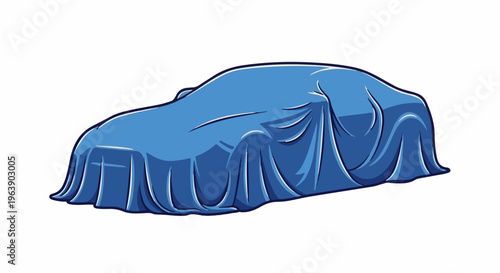 A blue cloth drapes over a car, hiding its form under folds