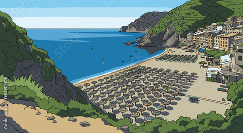 A bustling beach town nestled against verdant, rocky cliffs by the sea