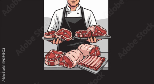 A butcher stands holding trays of raw meat cuts and display