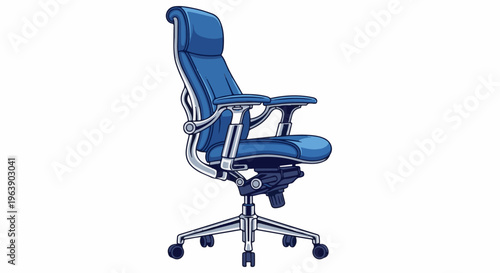 A blue ergonomic office chair with chrome accents and wheels