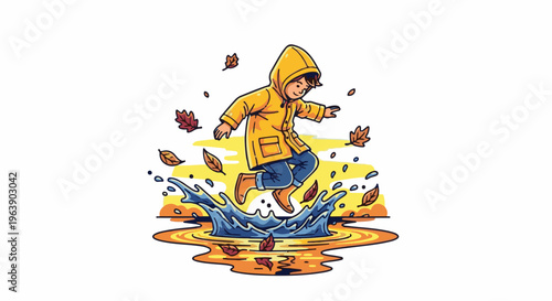 A child in a yellow raincoat joyfully jumps into a puddle in autumn
