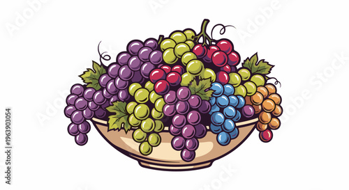 A decorative bowl overflowing with bunches of colorful grapes