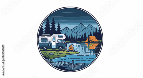 A camper, tent, and campfire by a lake at dusk