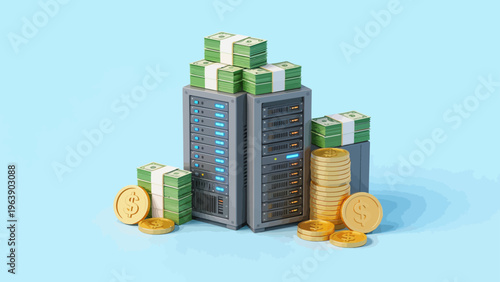 Server towers with stacks of money