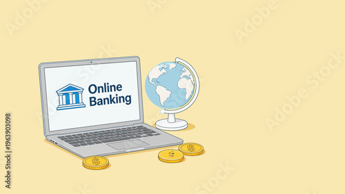 Laptop globe and coins with online banking