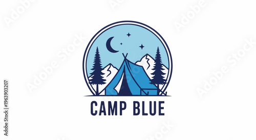 A blue tent is set up in front of mountains under a starry night sky