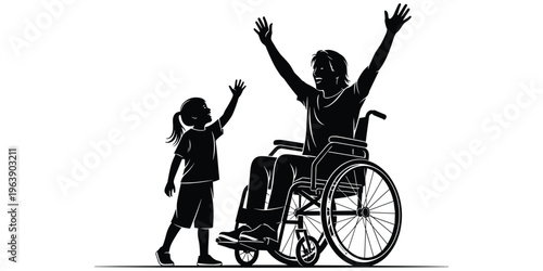 Inclusive family connection silhouette, child supporting adult in wheelchair, encouragement and unity concept, disability awareness design, caring relationship artwork, flat vector illustration