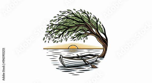 A boat rests on rippling water under a windswept tree at sunset