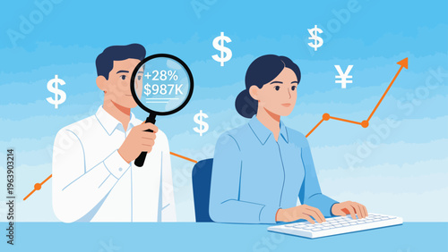 Business analysis with magnifying glass