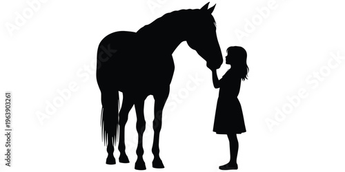 Human touching horse silhouette, animal bond connection, friendship and trust concept, black design artwork, nature relationship compassion scene, flat vector illustration
