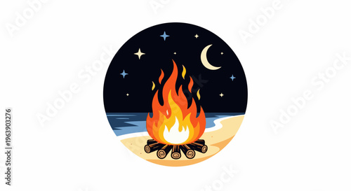 A bonfire burns on a sandy beach under a starry night sky with a crescent moon