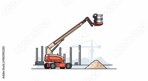 A boom lift is positioned at a construction site with scaffolding and a pile of sand