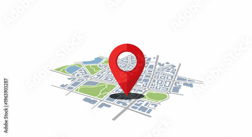 3D isometric map with red location pin on city grid, parks, and water