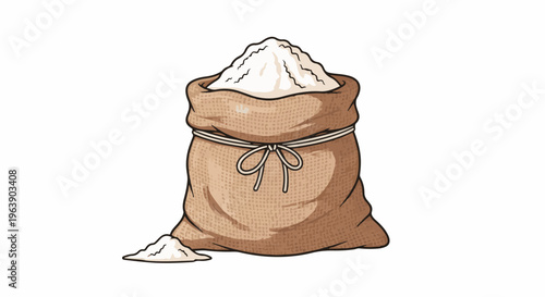 A burlap sack filled to the brim with white powder, tied with a rope