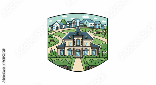 A picturesque estate with manicured gardens and suburban homes