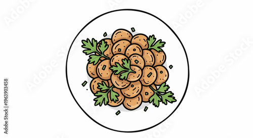 A circular plate displays a pile of round, brown morsels garnished with green herbs