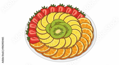 A circular platter filled with artfully arranged sliced fruits