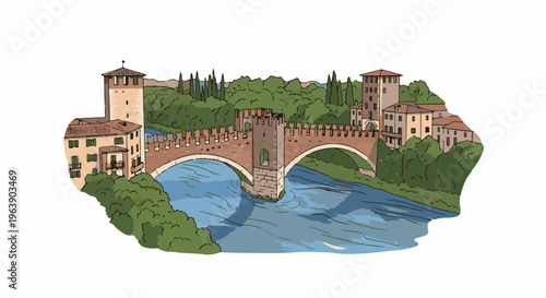 A picturesque illustration of an ancient stone bridge spanning a blue river with flanking buildings
