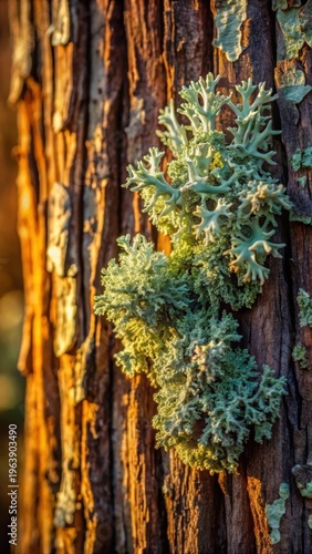 A closeup of a delicate Evernia prunastri lichen growing on the bark of an old oak tree The lichen features intricate, velvetlike textures in shade