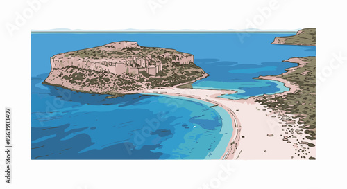 A picturesque island cove with a sandy beach and turquoise waters