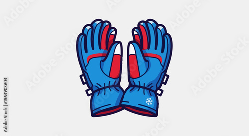 A pair of blue and red ski gloves with a white snowflake emblem