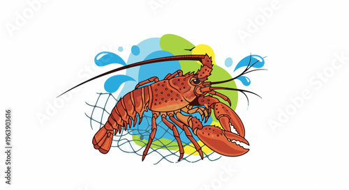 A close-up illustration of a bright orange lobster caught in a net, with splashes of water