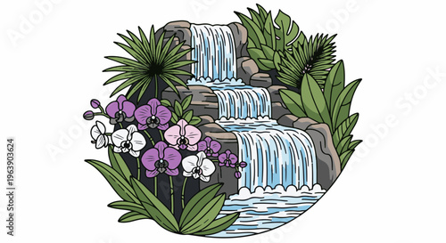 A picturesque tropical waterfall with lush foliage and vibrant orchids