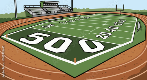 A cartoon depiction of an American football field with stadium seating and a track