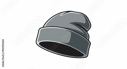 A close-up illustration of a grey beanie with a rolled brim against a white background